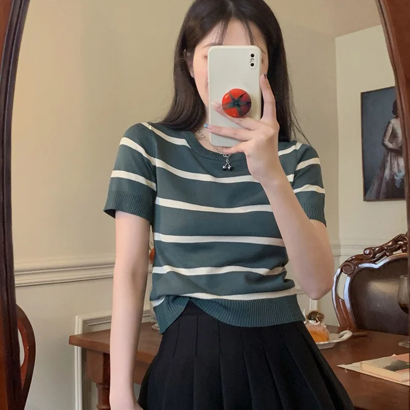 Zomer Casual Mode Gestreepte Bedrukking T-shirt Dames Korte Mouw Pullover Tops Dames Losse O-hals Tee Vrouwelijke Kleding311_voghion.com