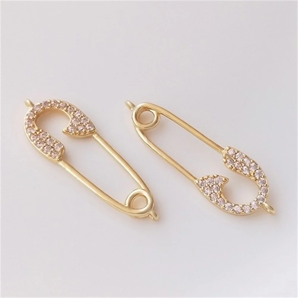 14K Bag Real Gold Zircon Pin Shape Double Hanging Accessories Handmade DIY Bracelet Necklace Earrings Jewelry Pendant K238