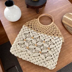 Brand Design Handwoven Bag Round Wooden Handle Hollow out Handbag Tote Bohemian Women Handbags Holiday Vacation Rope Weaving Bag