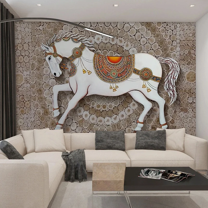 Custom Large Mural Wallpaper European Style Creative Oil Painting Noble Horse Wood Grain Living Room Sofa Background Wall Decor