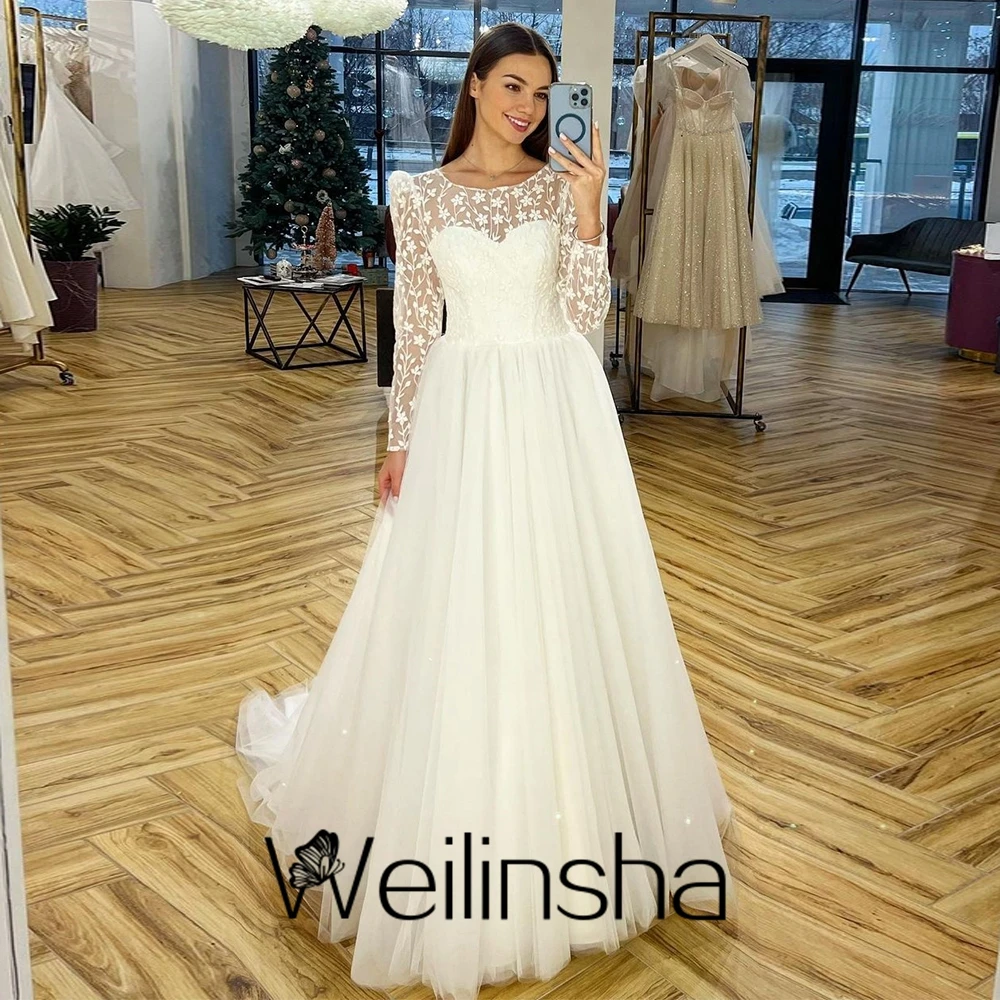 

Weilinsha A-Line Wedding Dress with Long Sleeve Lace O-Neck Tulle Corset Court Train Classic Bridal Gown for Women Vestido Novia