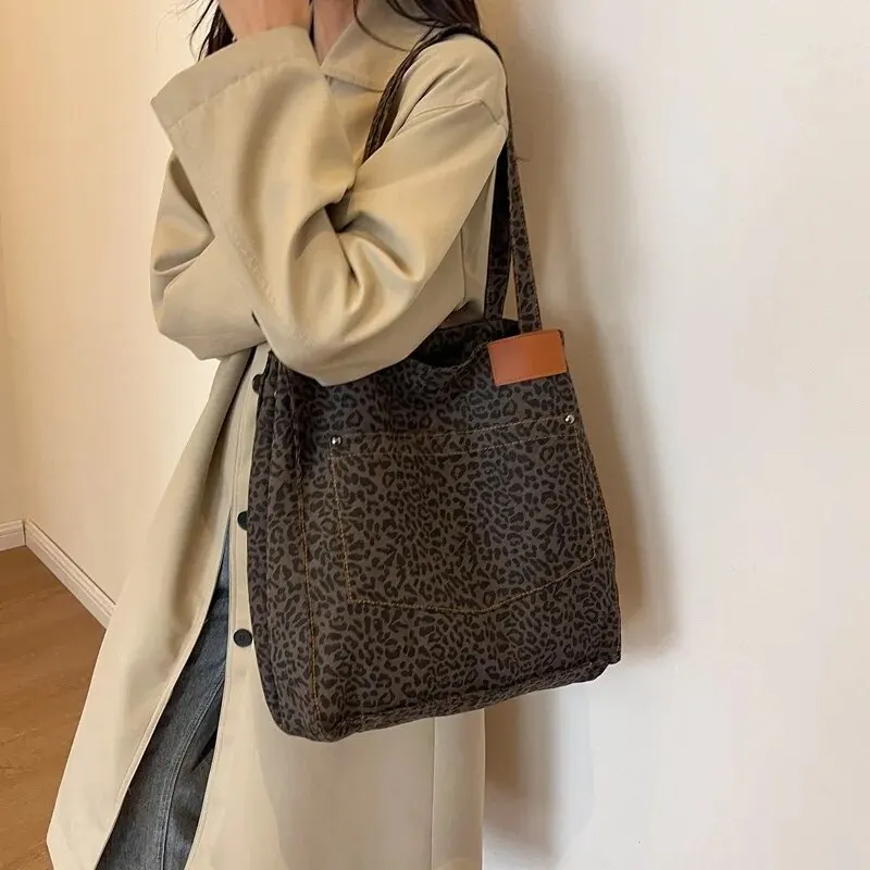Borsa a tracolla in tela vintage con motivo leopardato, borsa a mano alla moda, grande capacità, per scuola, lavoro, shopper_voghion.com