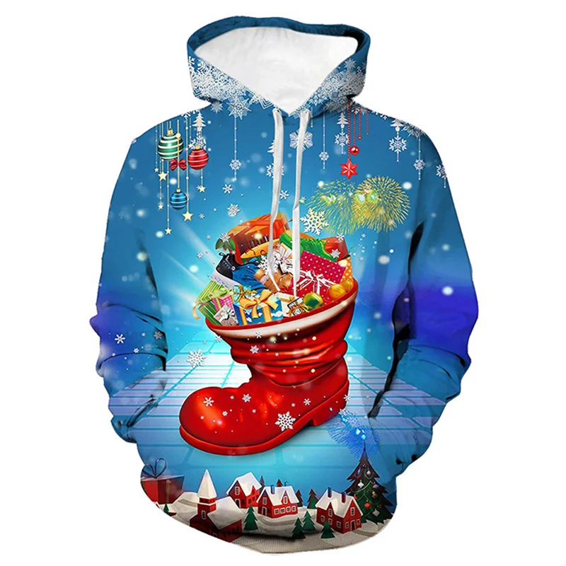 

New Winter 3D Christmas Stocking Xmas Santa Hat Printing Pullover Hoodies Kids Funny Essential Hoodie Tracksuit Men Sweatshirts