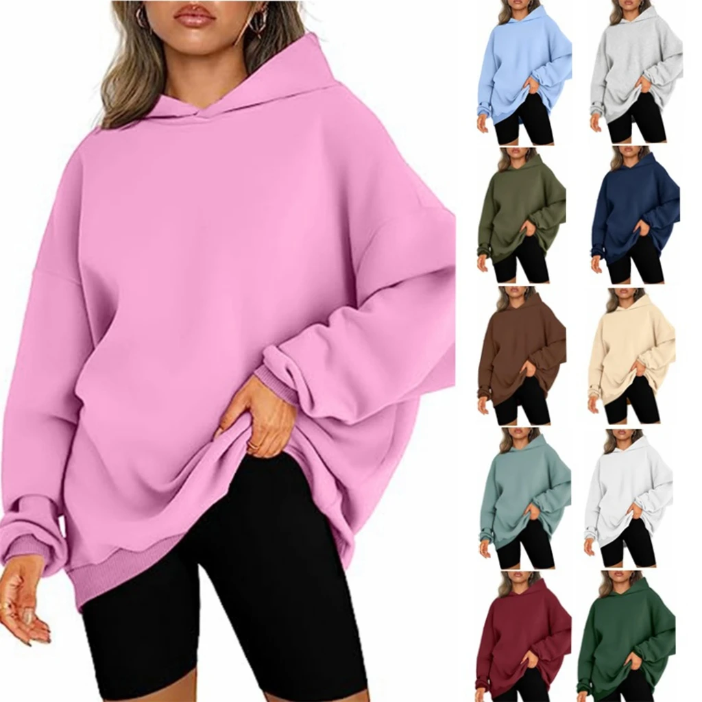 Women Loose Fleece Hoodie Sweatshirt Casual Long Sleeve Drop Shoulder Pullovers Top Athletic Trendy Sweatshirt Sweater Dropship