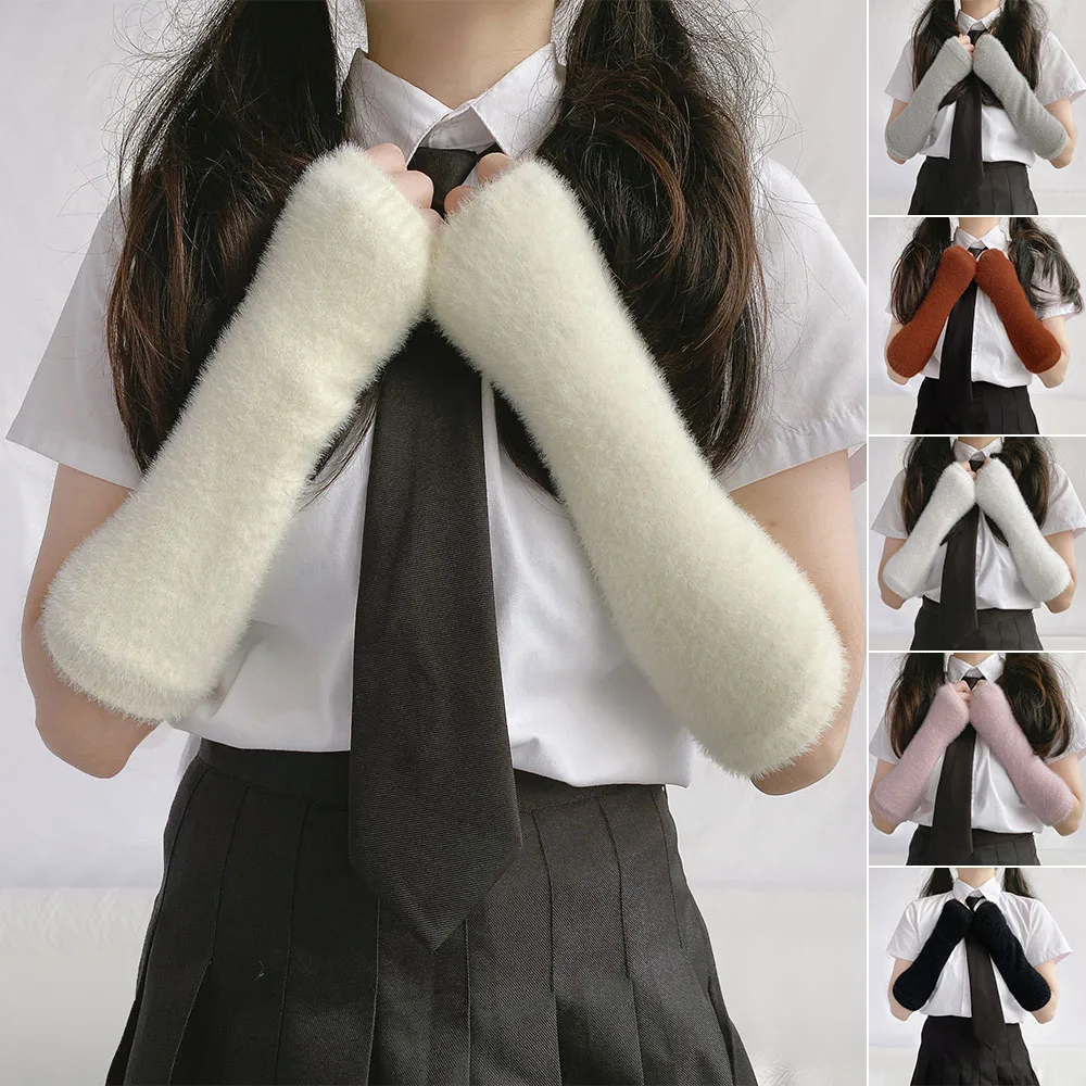 

Winter Warm Plush Knitted Fingerless Gloves Women Fleece Elastic Long Gloves Japanese Girls Solid Elastic Arm Warmers Mittens