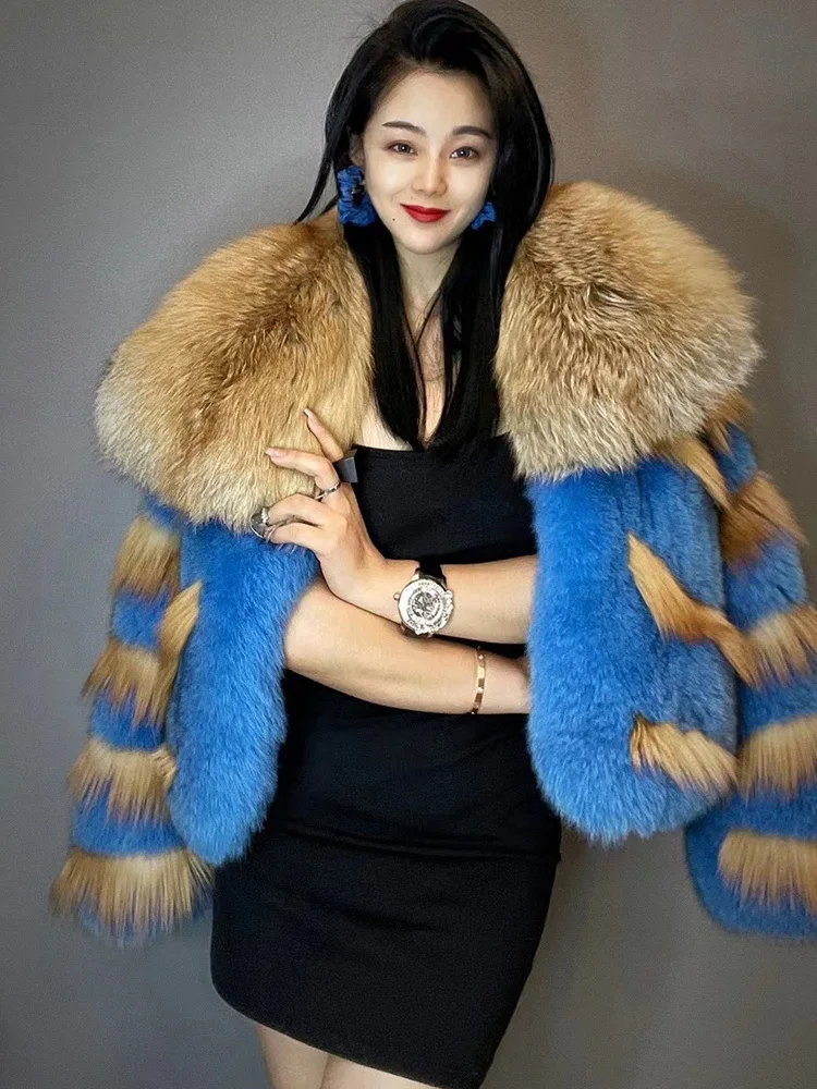 

2023Real fur, Winter Women Coat Real Fox Fur Jacket Short with Large Red Fox Fur Collar High Quality Luxury Streetwear Full Pelt