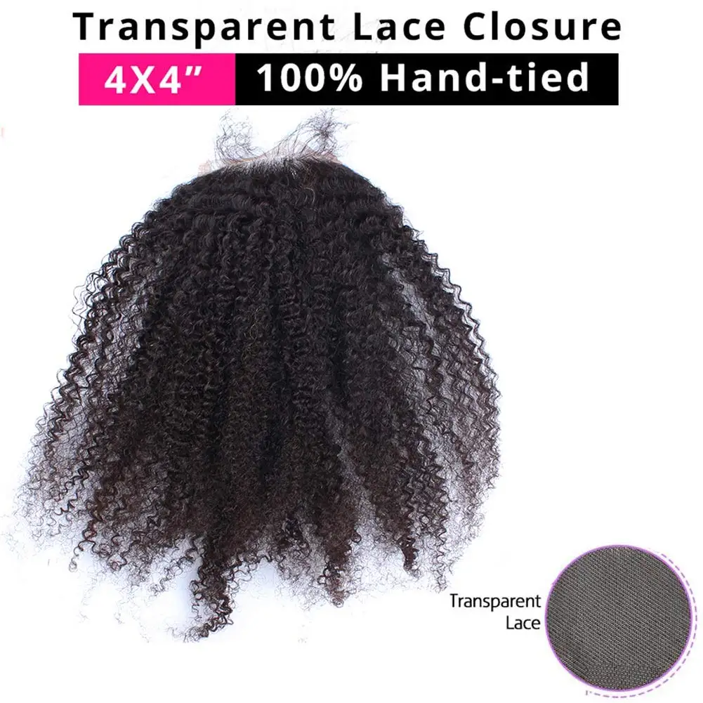 Human Hair Lace Closure Afro Kinky Curly Top Lace Closure 4X4 Top Closures Pre-plucked with Baby Hair Free Part