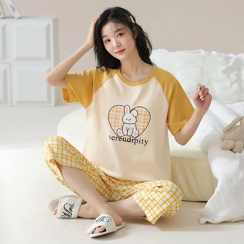 Summer Women's Thin Knitted Cotton Pajamas Round Neck Short Sleeve Capris Girls Loose Casual Sweet Printed Home Clothing Set