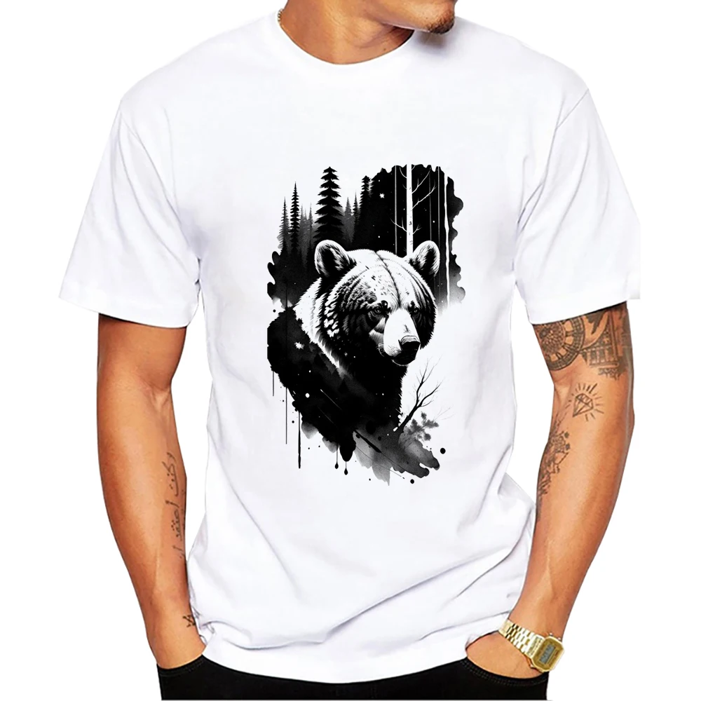 

2023 Men's New bear with forest Design Short Sleeve T-Shirt Cool Printed Tops Hipster Tee
