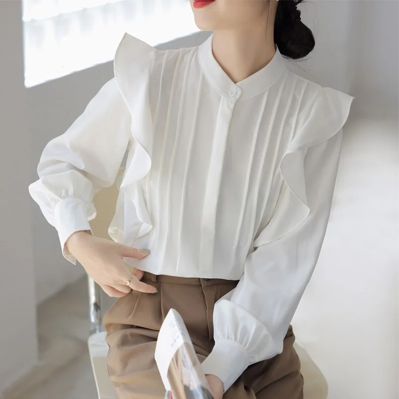

2023 Summer Autumn Office Lady Blouse Loose Casual Tops Women Ruffle Decor Elegant Blouse Stand Neck Long Sleeve Female Blouse