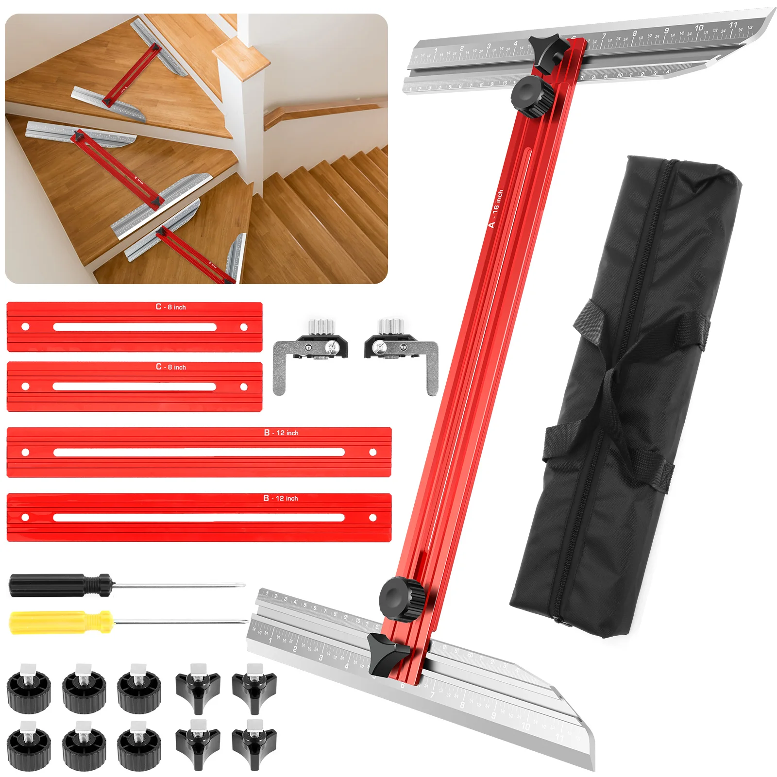 Stair Measuring Ruler Set Aluminum Alloy Adjustable Stair Tread Template Jig High Precision Multifunctional Measuring Tool for