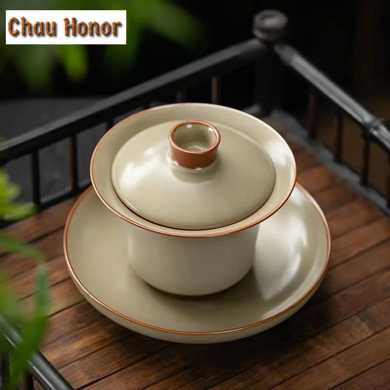 160ml High End Jun Kiln Porcelain Tea Tureen Handmade Ru Kiln Sancai Gaiwan Anti Scalding Cover Bowl Tea Brewing Tea Bowl Teaset