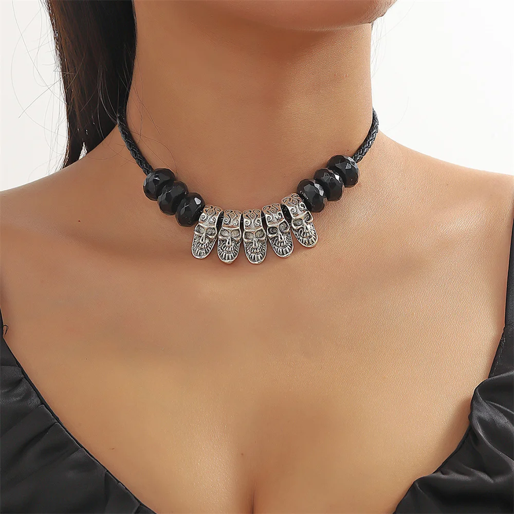 

NCEE 2023 New Fashion Personalized Skull Pendant Black Rope Versatile Fashion Collarbone Necklace Halloween Jewelry Gift