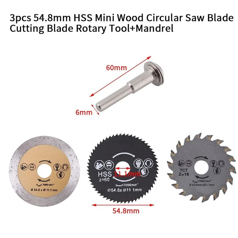 1/3pcs HSS Circular Saw Blades Cutting Blade Rotary Tool Cutting Disc Out Diameter 54.8mm Mini Parts for Wood Cutting Mandrel