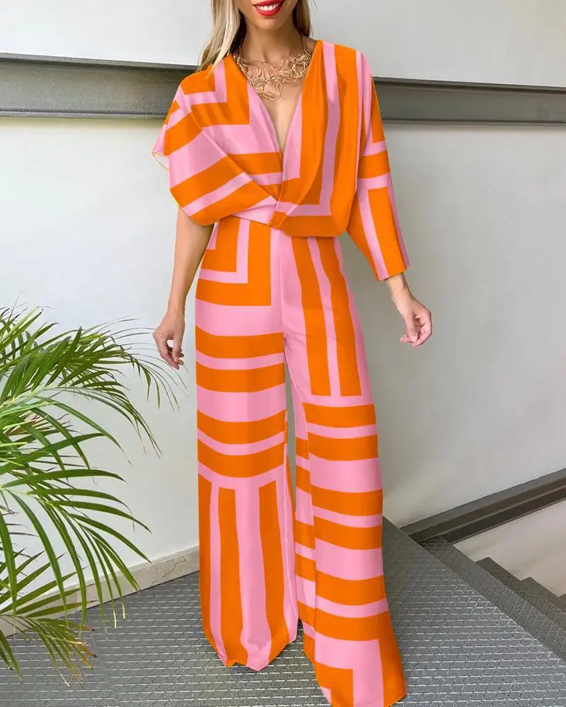 2024 Summer Long Loose Female Clothes Backless V-Neck Woman Wide Legs Jumpsuits Drawstring Waist Lady Long Loose Fashion Rompers