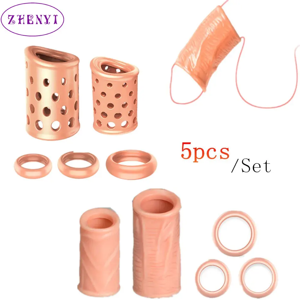 Penis Sleeve 5pcs Kit Reusable Silicone Cock Ring Foreskin Correction Ring Sex Toy penis ring
