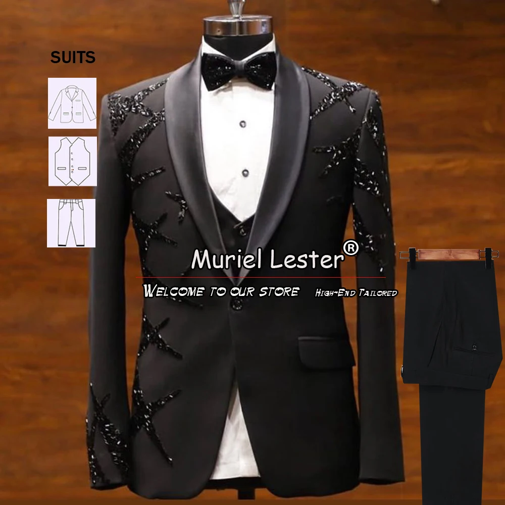 

Luxurious Beaded Men Suits Wedding Prom Groom Tuxedos Black 3 Pieces Bridegroom Prom Blazers Slim Fit Male Clothes Costume Homme