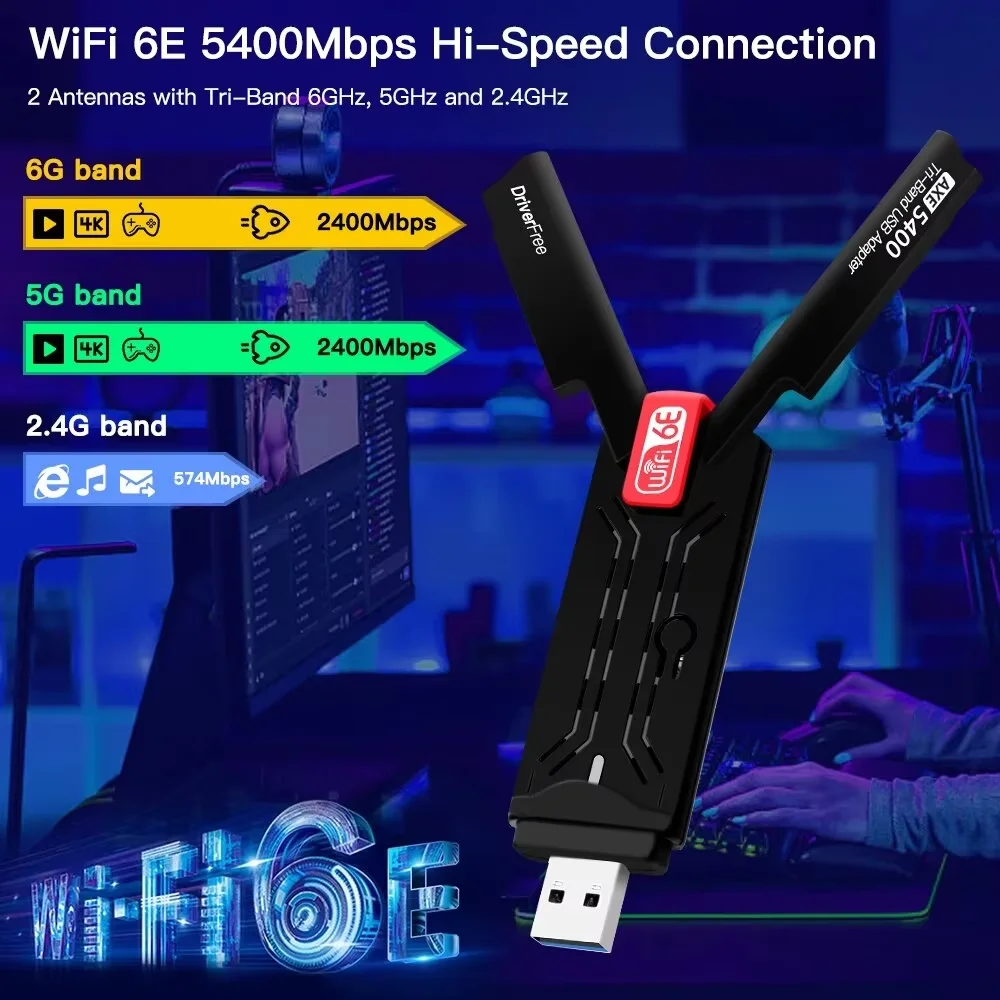6GHz 트리플 밴드 WiFi6E AX5400 USB 3.0 어댑터 무선 카드 Win 10/11 용 PC/노트북 용 802.11AX 고 이득 안테나