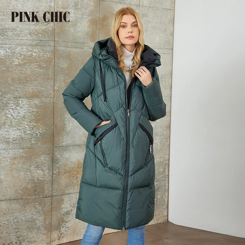 PINK CHIC 2023 Fashion Classic Winter Long Coats Women Down Jackets Warm Lace up Hooded Women's Parkas Female W6612