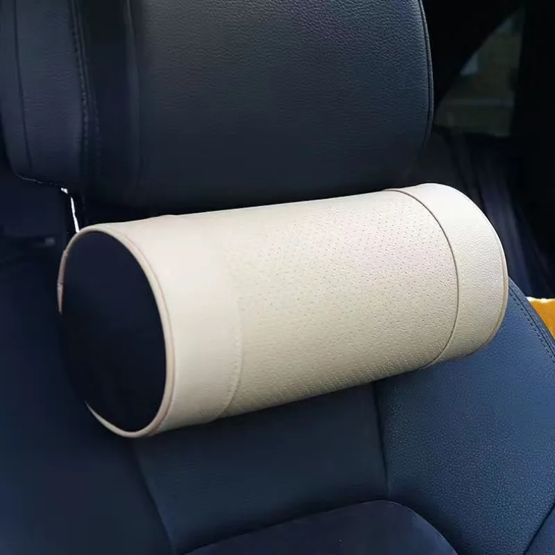 Memory Foam Car Neck Pillow/Genuine Leather Auto Cervical Round Roll Office Chair Bolster Headrest Supports Cushion Pad Black