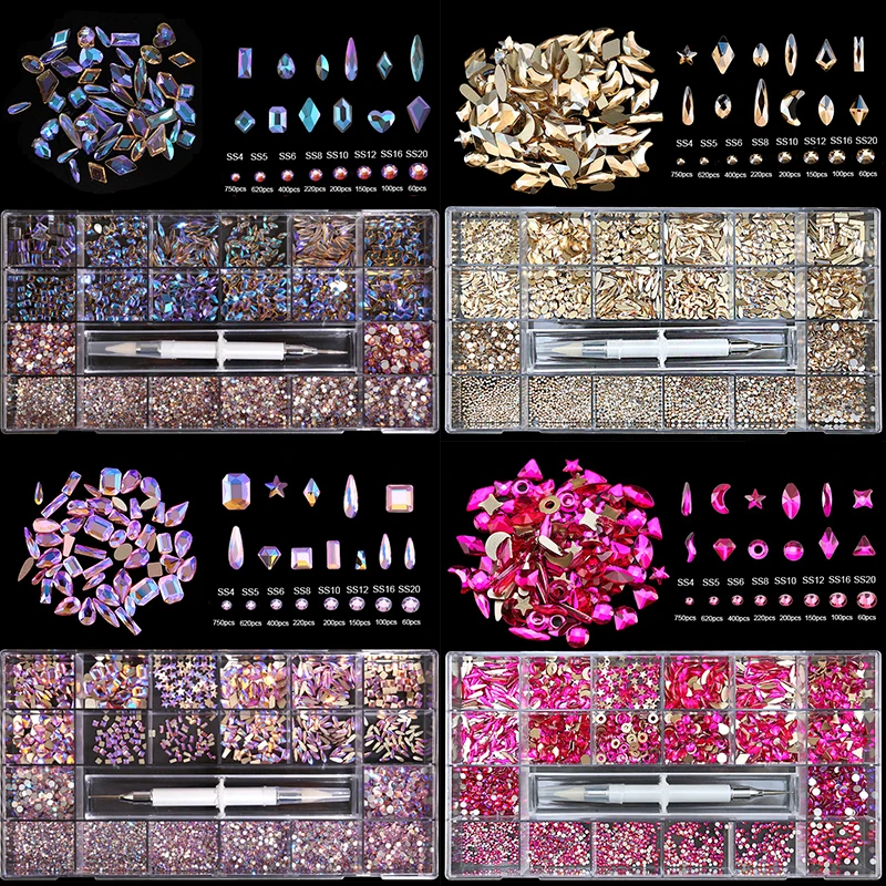 Misto Ab Glass Crystal Diamond Flat Rhinestone Nail Art Decoration Fingers 21 Grid Box Nails Accessori Set Con 1 Pick Up Pen