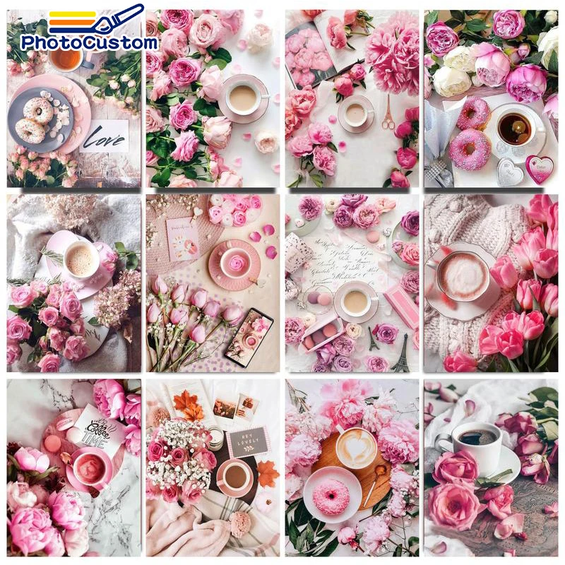 

PhotoCustom Coloring By Numbers Pink Rose Landscape Paint By Numbers Flower Canvas Acrylic Paints HandPainted Kits Home Decor