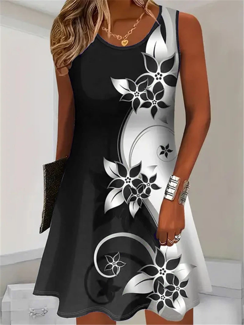 Fashion Floral Pattern Women Mini Dresses Summer Sleeveless Flower 3D Print Street Trend Ladies Dress 3XL Plus Size Casual Dress