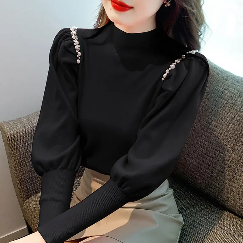 

Women's Clothing 2023 Spring Autumn Trendy Half High Collar Beaded Chic Sweet Knitwear Solid Long Sleeve Elegant Knitted Sweater