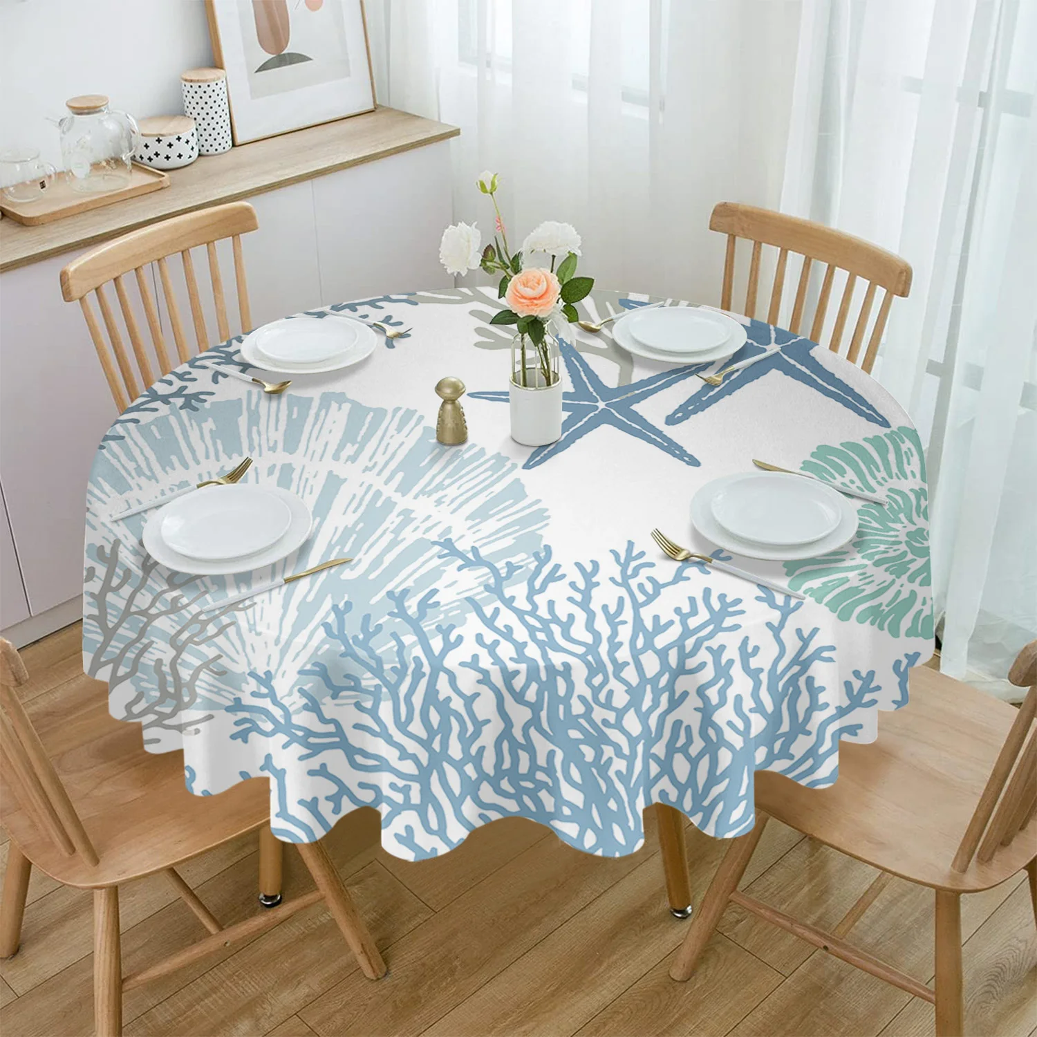 

Blue Marine Coral Shells Starfish Round Tablecloth Party Kitchen Dinner Table Cover Holiday Decor Waterproof Tablecloths