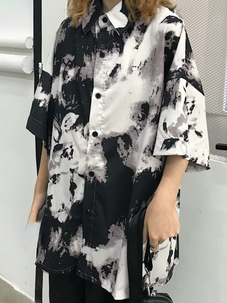 

2022 Summer Korean Fashion Women Blouses Harajuku Vintage Tie Dye Print Tops Short Sleeve Top Women Loose Grunge Blusas Feminina