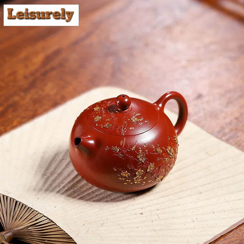 200ml Yixing Purple Clay Teapots Handmade Gold Drawing Xishi Pot Raw Ore Dahongpao Mud Kettle With Strainer Zisha Tea Set Craft