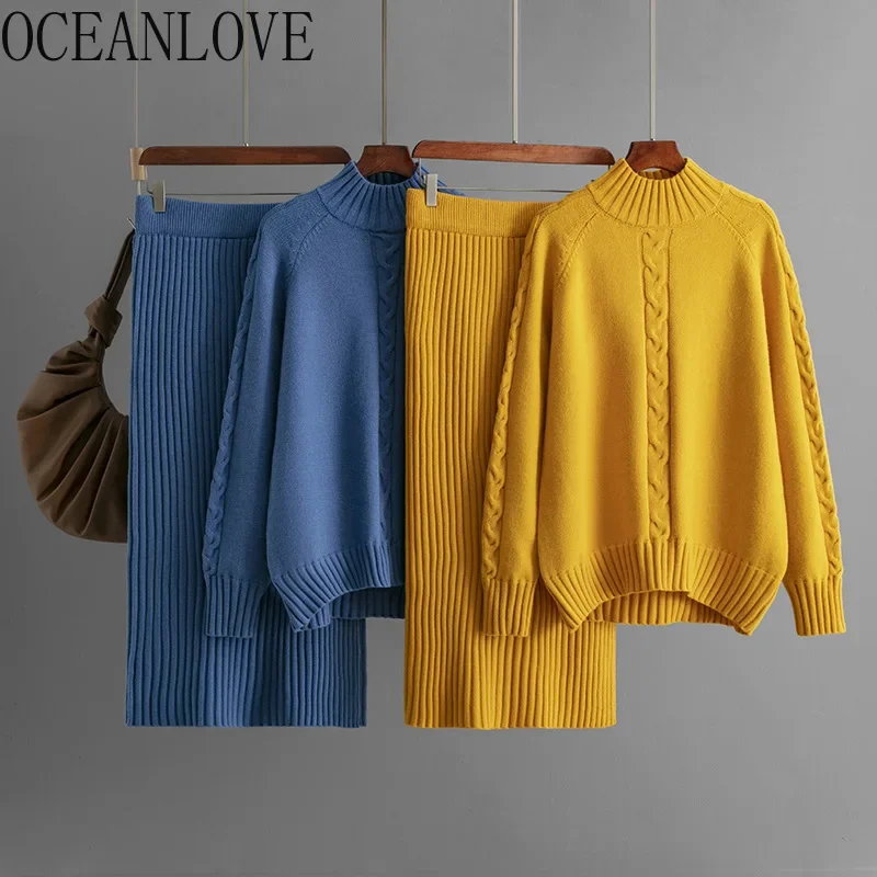 OCEANLOVE Knitted Skirts Set Autumn Winter Solid Warm Half High Collar 2 Pieces Sets Women Outfits Fashion Conjuntos Feminino 1