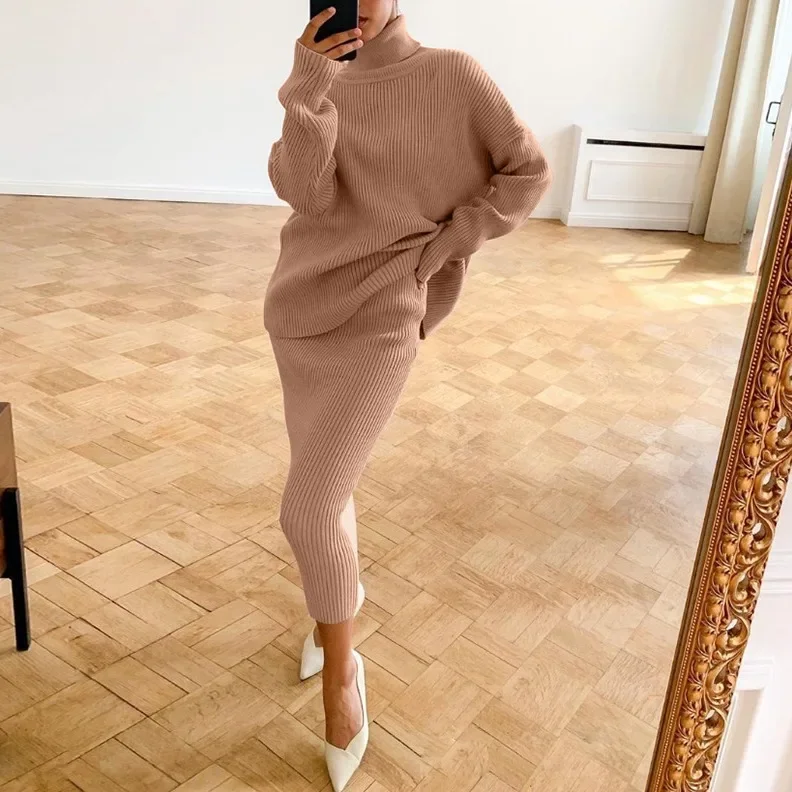 Two Piece Knitted Pullover Sets Women Winter Turtleneck Sweater and Hip Wrap Skirt Suits Ladies Elegant Casual Female Outfits
