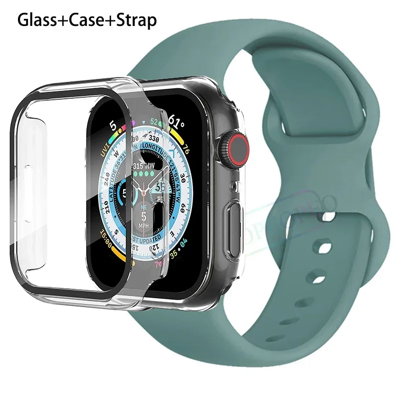 Premium Silicone Apple Watch Band with Glass Case and Strap - Compatible with All Series