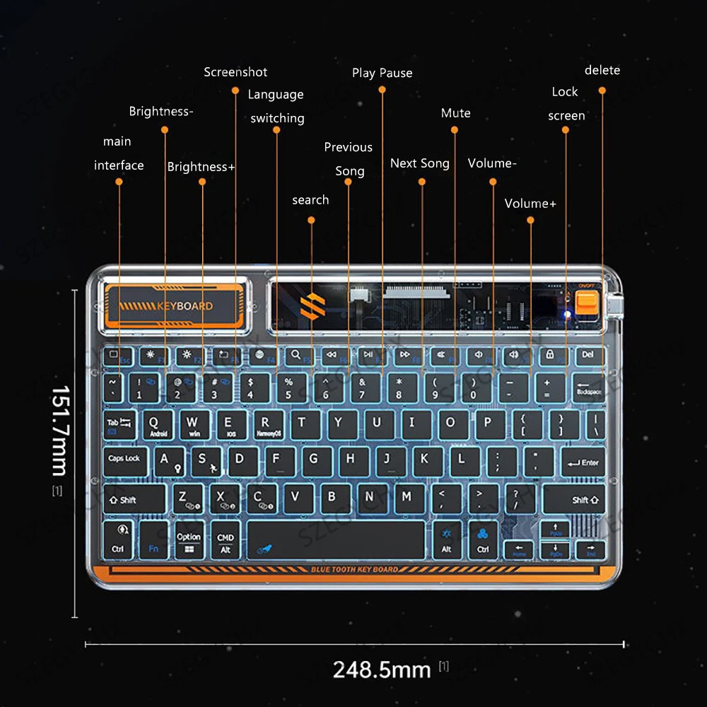 2023 크리스탈 백라이트 Teclado 블루투스 키보드, 아이패드, 안드로이드, 윈도우, iOS, 휴대폰 태블릿, 삼성, 화웨이용 무선 키보드