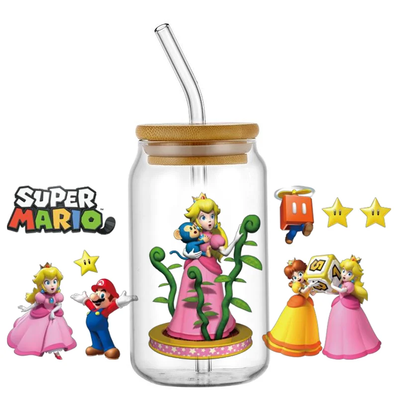 Funko Cartoon Super Mario UV DTF Transferaufkleber für 16oz Kaffee-Glasflaschen, Dosen und Becher, permanente selbstklebende DIY-Aufkleber