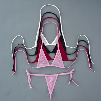Ensemble de lingerie sexy pour femmes, mini-soutien-gorge sans armatures, ultra-fin, en maille non doublée, ensemble de soutien-gorge et culotte noir transparent, 2 pièces, halter, lingerie exotique pour femmes