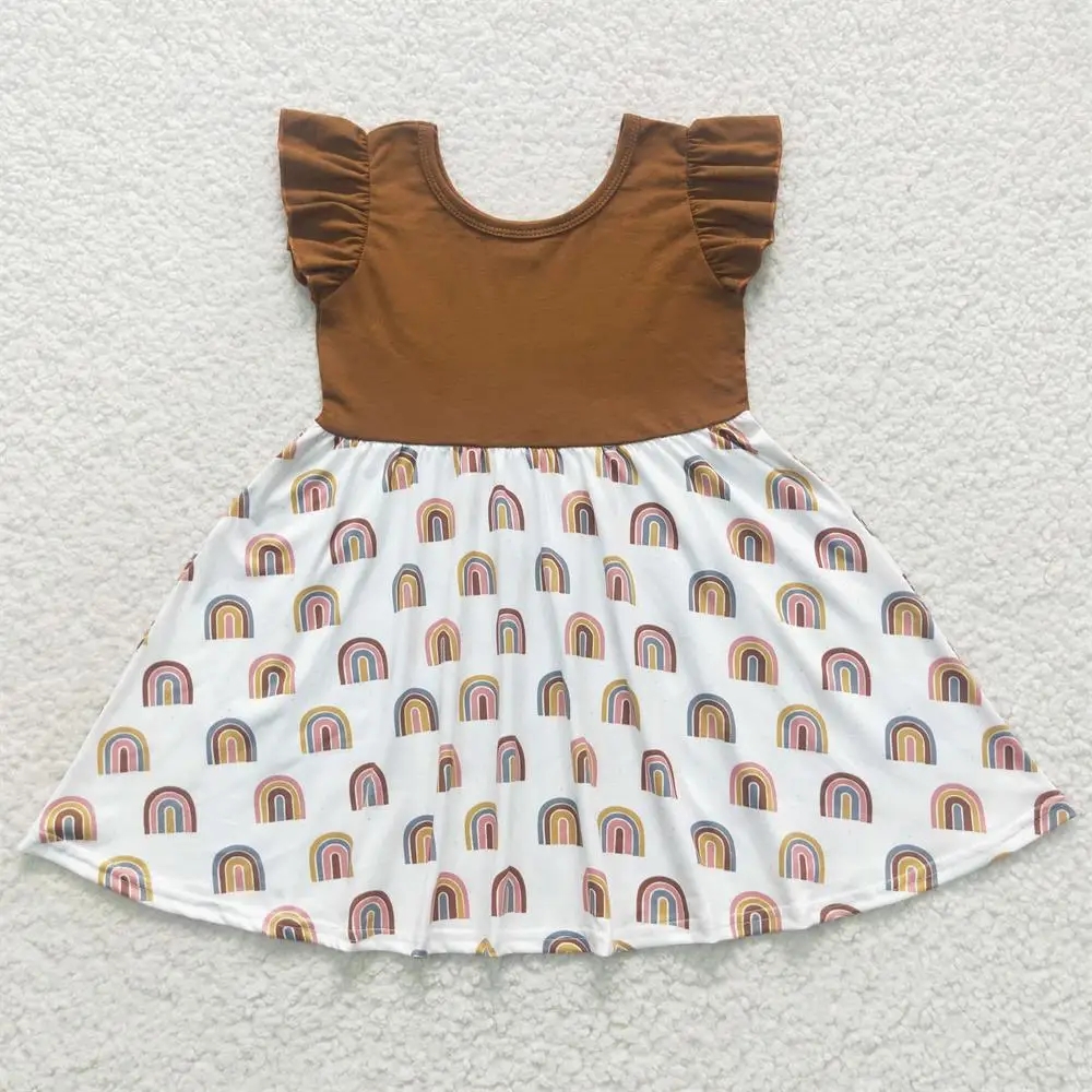 

Оптовая продажа, летнее платье с коротким рукавом для маленьких девочек, детская Радужная одежда, цельное коричневое платье до колена для малышей
