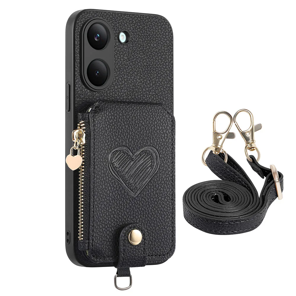 Zipper Wallet Leather Phone Case with Card Holder and Lanyard