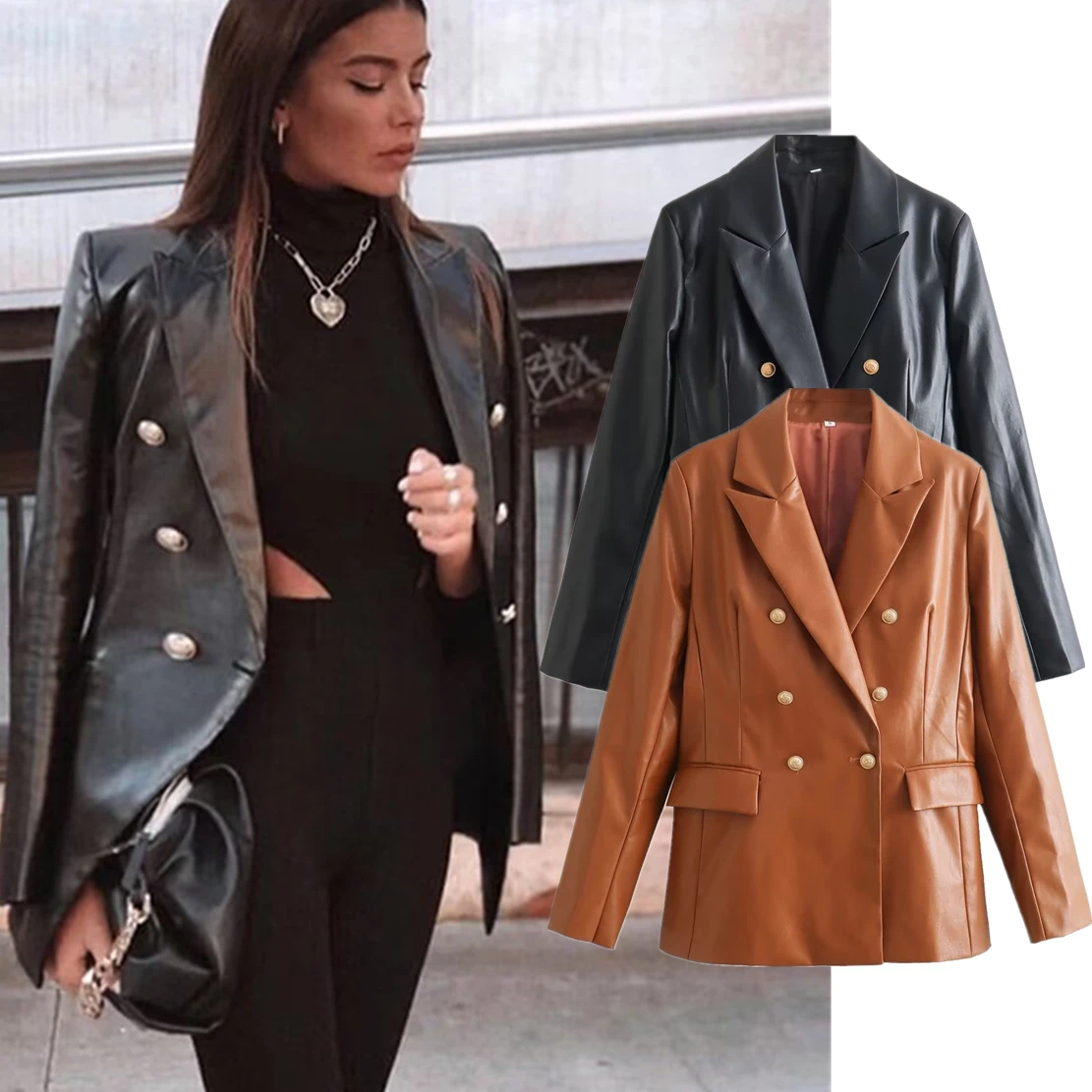 Maxdutti 2023 Autumn New High Street Leather Jacket Casual Blazers Suit Women Fashion Blogger Retro Double Breasted