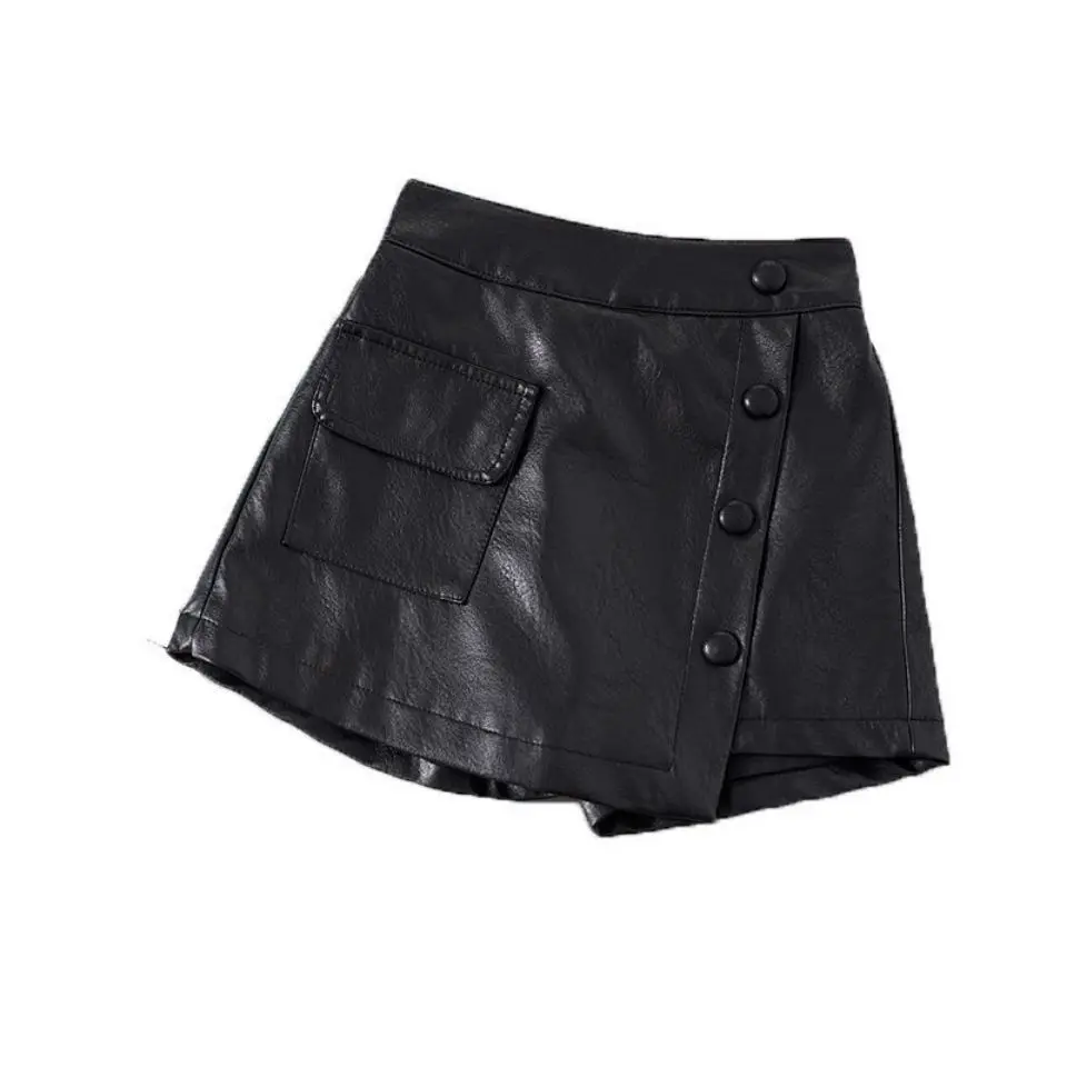 new Spring Autumn Girls Kids Pocket buttons PU Faux Leather Shorts Baby Children Trousers Children Clothes 2-12T