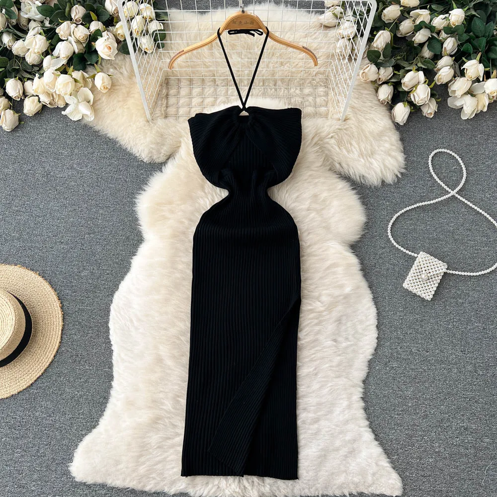 YuooMuoo Chic Fashion Sexy Package Hips Split Knitted Summer Dress 2025 Women Slim Elastic Bodycon Party Dress Streetwear Outfit 4