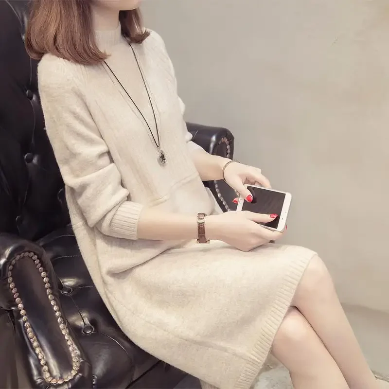 

Fashion Turtleneck Loose All-match Midi Dress Women's Clothing 2023 Autumn New Casual Solid Color Knitted Dress