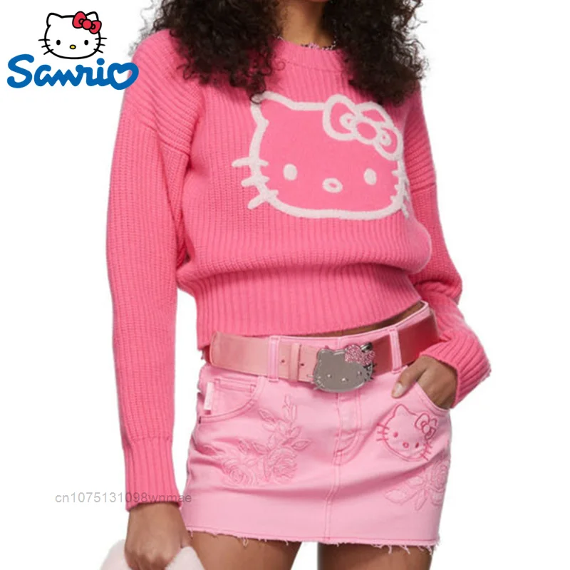 

Sanrio Hello Kitty Knitted Sweater for Women, Sweet Pink Pullovers, Short Slim Fitting Sweater, Bottoming Tops, New