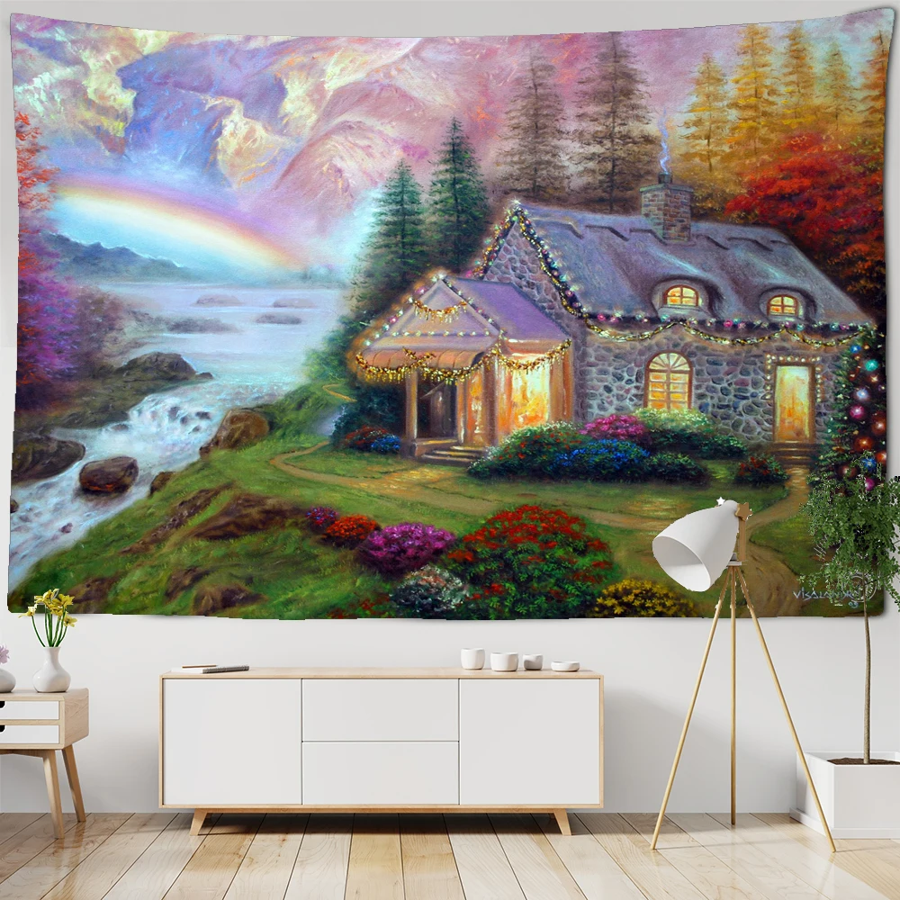 

Scenery Country Cottage Painting Printed Tapestry Wall Hanging Bedroom Decoration Boho Hippie Tapestry Blanket Background Cloth