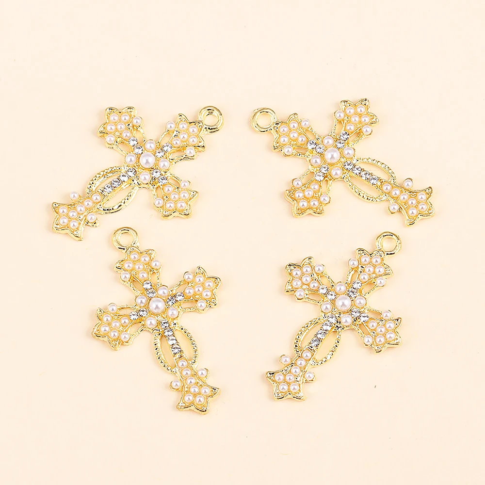 Cross Necklace Pearl Pendant Alloy Pendant 10Pcs Gold Color Alloy Pearl Cross Pendant Necklace For Women DIY Making Fashion Luxury Fine Chain Necklace Accessories Jewelry