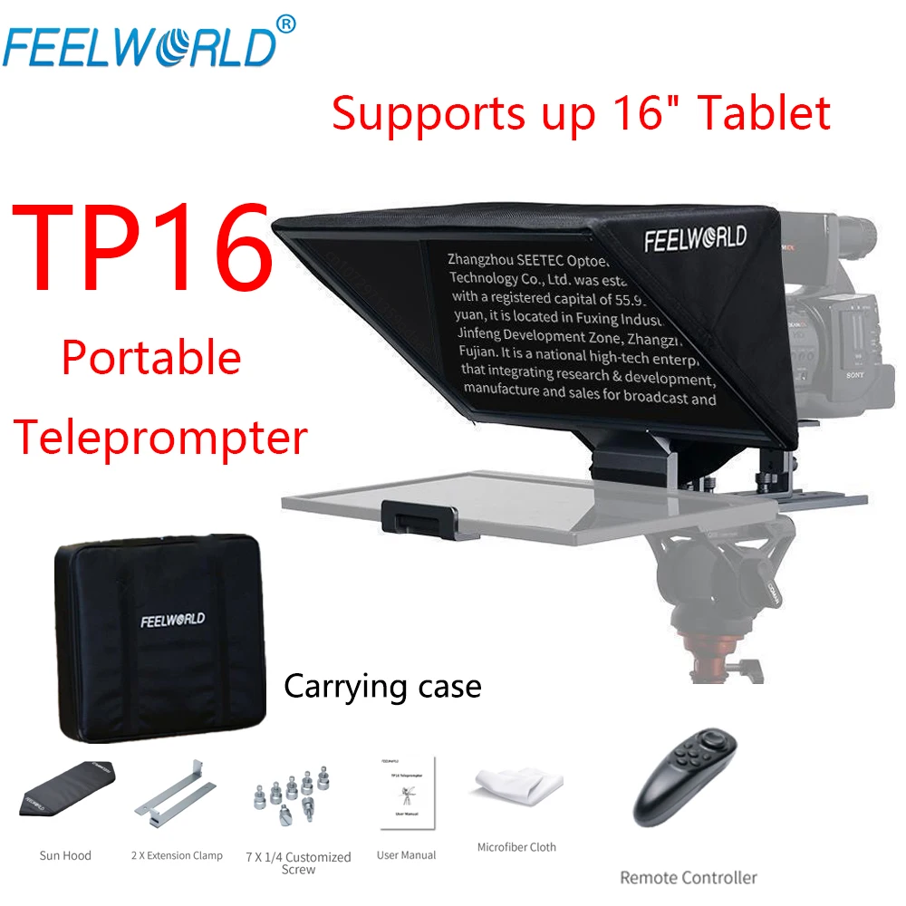 

FEELWORLD TP16 16-inch Folding Portable Teleprompter DSLR Camera Shooting Supports up 16" Tablet with Remote Control Handbag