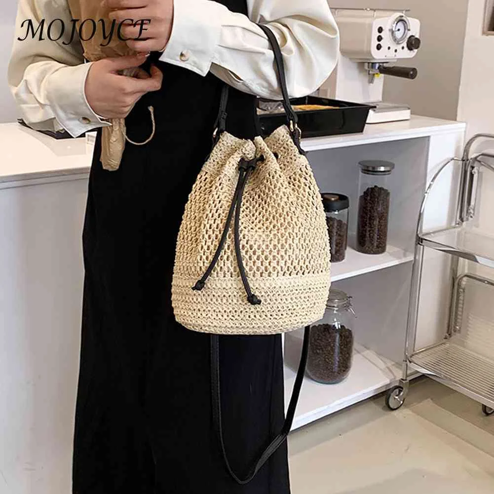 Straw Bucket Bag Women Summer Beach Mesh Shoulder Crossbody Handbags Casual  Small Drawstring Weave Totes Casual Crossbody Bag