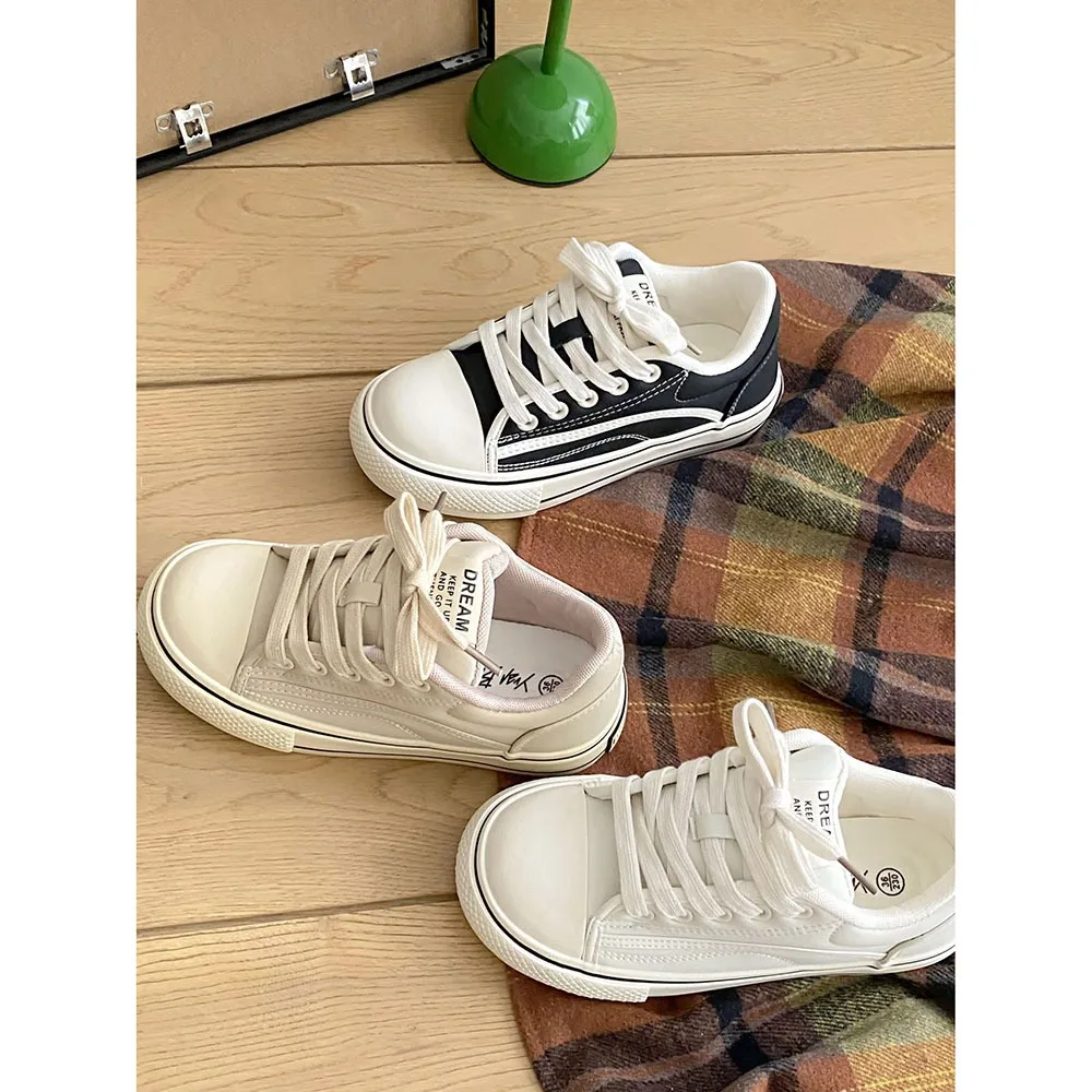 Thick Soled Leather Women Canvas Shoes 2024 New Spring Women Casual Board Shoes Instagram Trend Top Women's Shoes 24-173