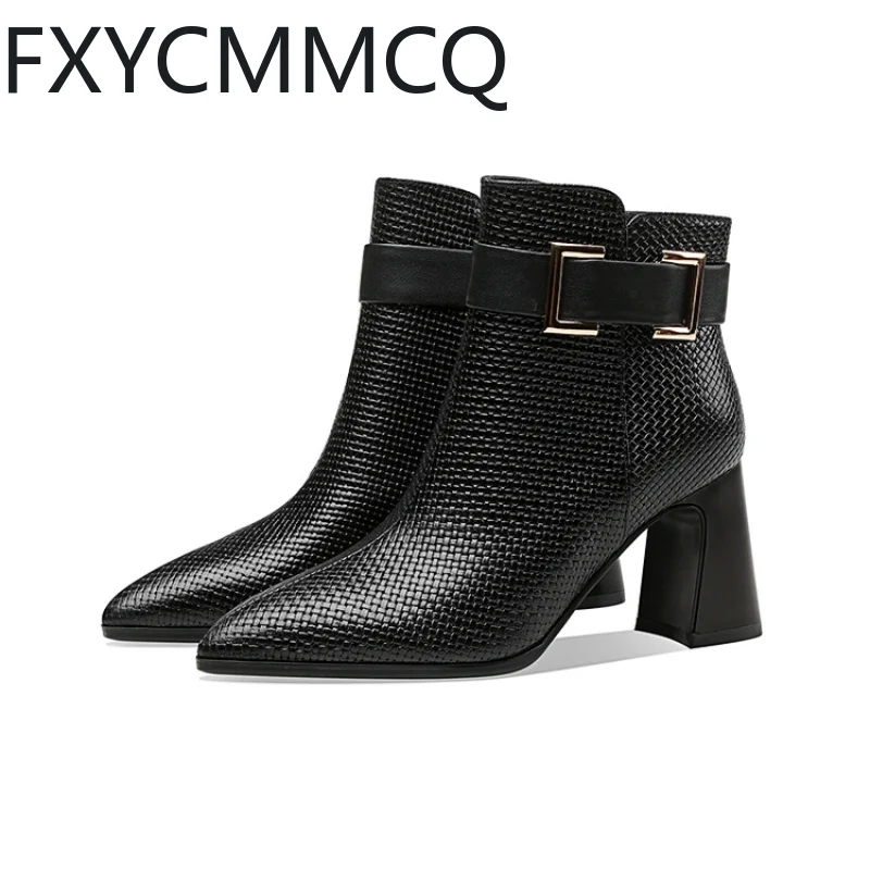 

FXYCMMCQ Europe and The United States Belt Buckle Women's Ankle Boots Solid Color 2023 New Thick Heel High Heel Pointed D91-10